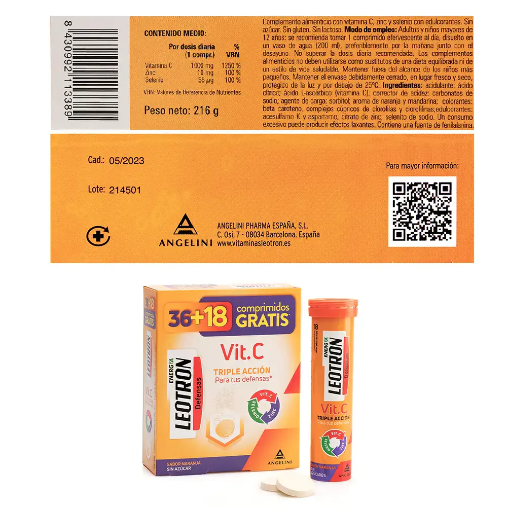 Vitamin C Triple Action Effervescent Tablets 36 + 18 As A Gift #Orange by Leotron Vitamina C Leotron - Vitamin C Triple Action Effervescent Tablets 36 + 18 As A Gift #Orange by Leotron
